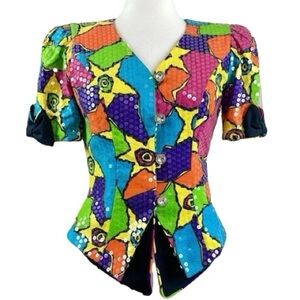 Vtg Rimini Sequined Bow Sleeve Star Patchwork Rhinestone Jacket Art Wear Size 4